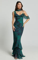 Riley Maxi Dress - Asymmetric Ruffle Detail Maxi Dress in Moss Adeana