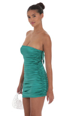Satin Ruched Back Bow Dress in Jungle Green