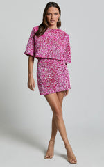 Reah Two Piece Set - Tie Back Top and High Waisted Sequin Mini Skirt in Pink
