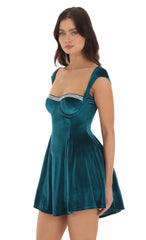 Rhinestone Velvet Puff Dress in Blue