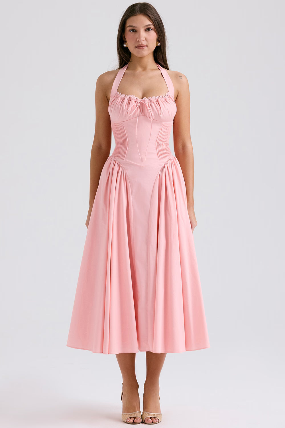 rose pink cotton halter midi sundress