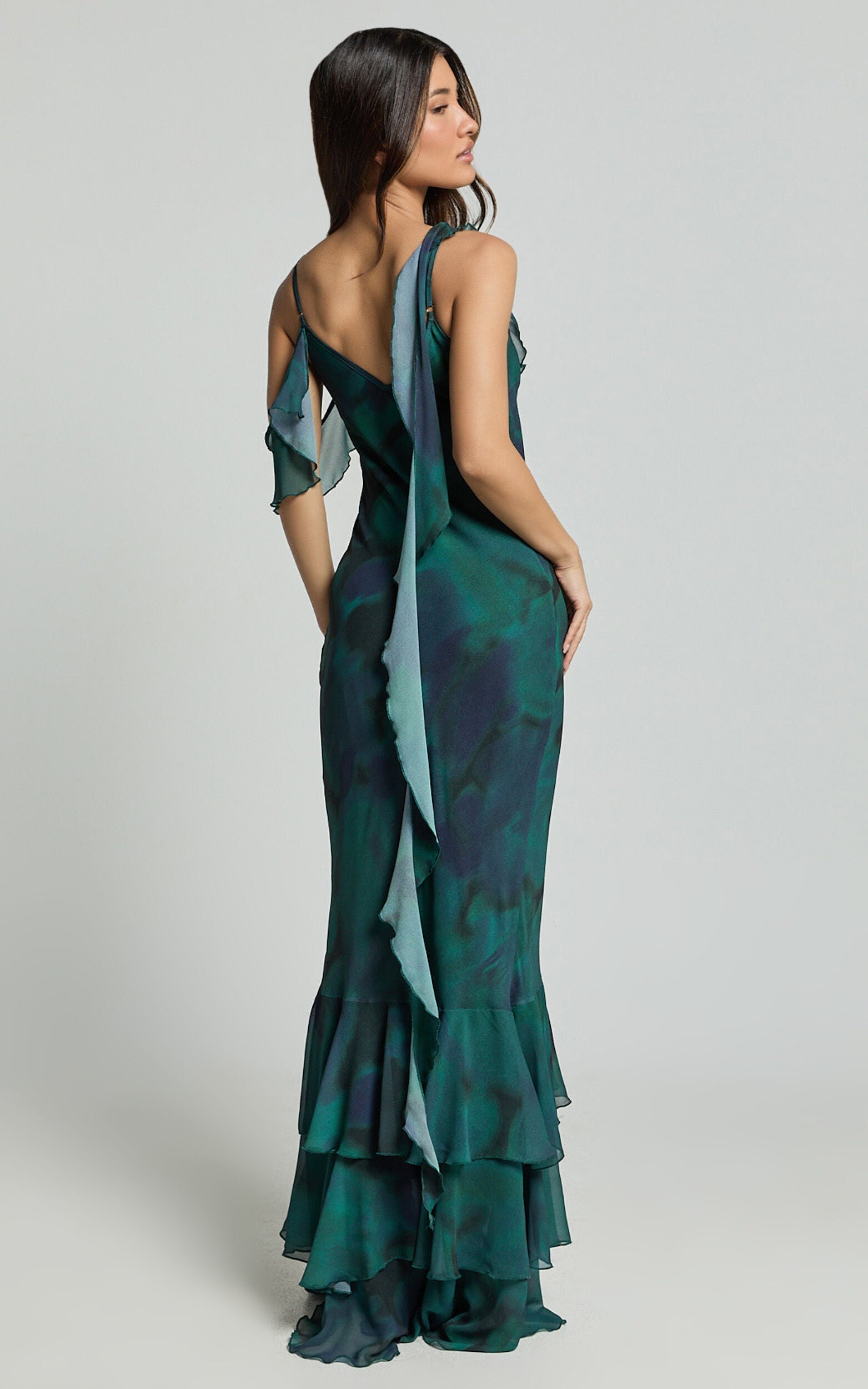 Riley Maxi Dress - Asymmetric Ruffle Detail Maxi Dress in Moss Adeana