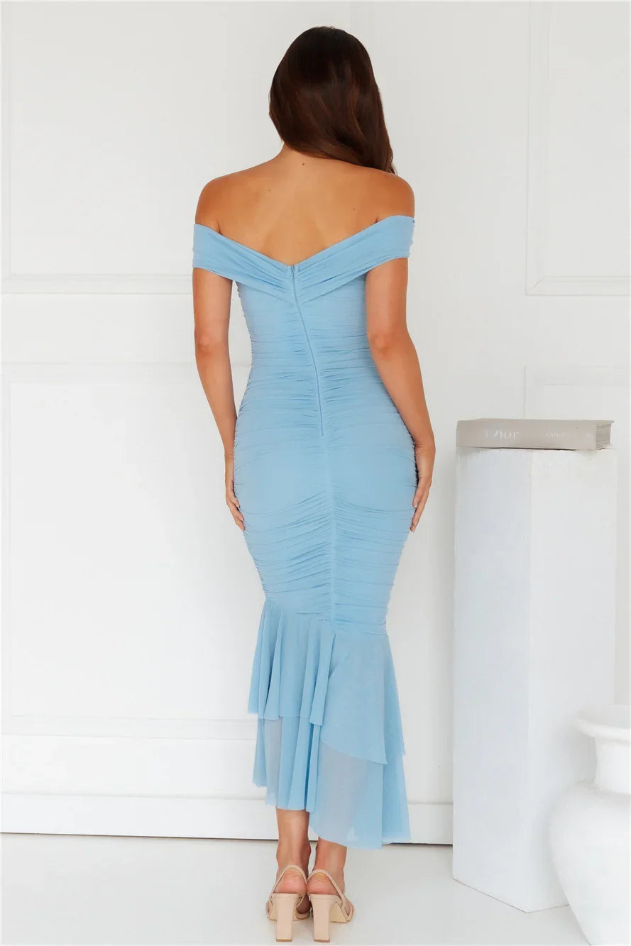 Tanisha Off Shoulder Mesh Midi Dress Blue