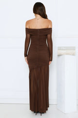 Velour Allure Off Shoulder Maxi Dress Brown