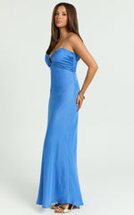 Regine Maxi Dress - Satin Slip Dress with Key Hole Front in Blue