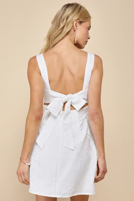 Perfectly Flirtatious White Floral Jacquard Tie-Back Mini Dress