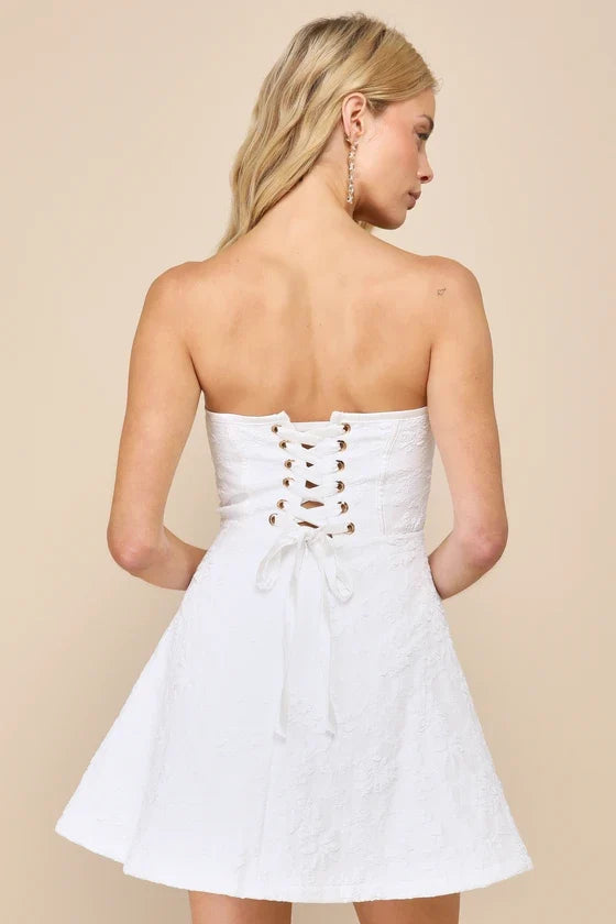 Most Adorable White Floral Jacquard Strapless Lace-Up Mini Dress