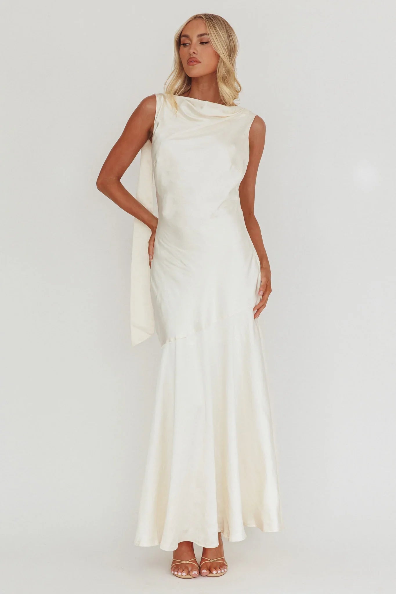 Second Glances Cowl Neck Backless Maxi Dress Cream