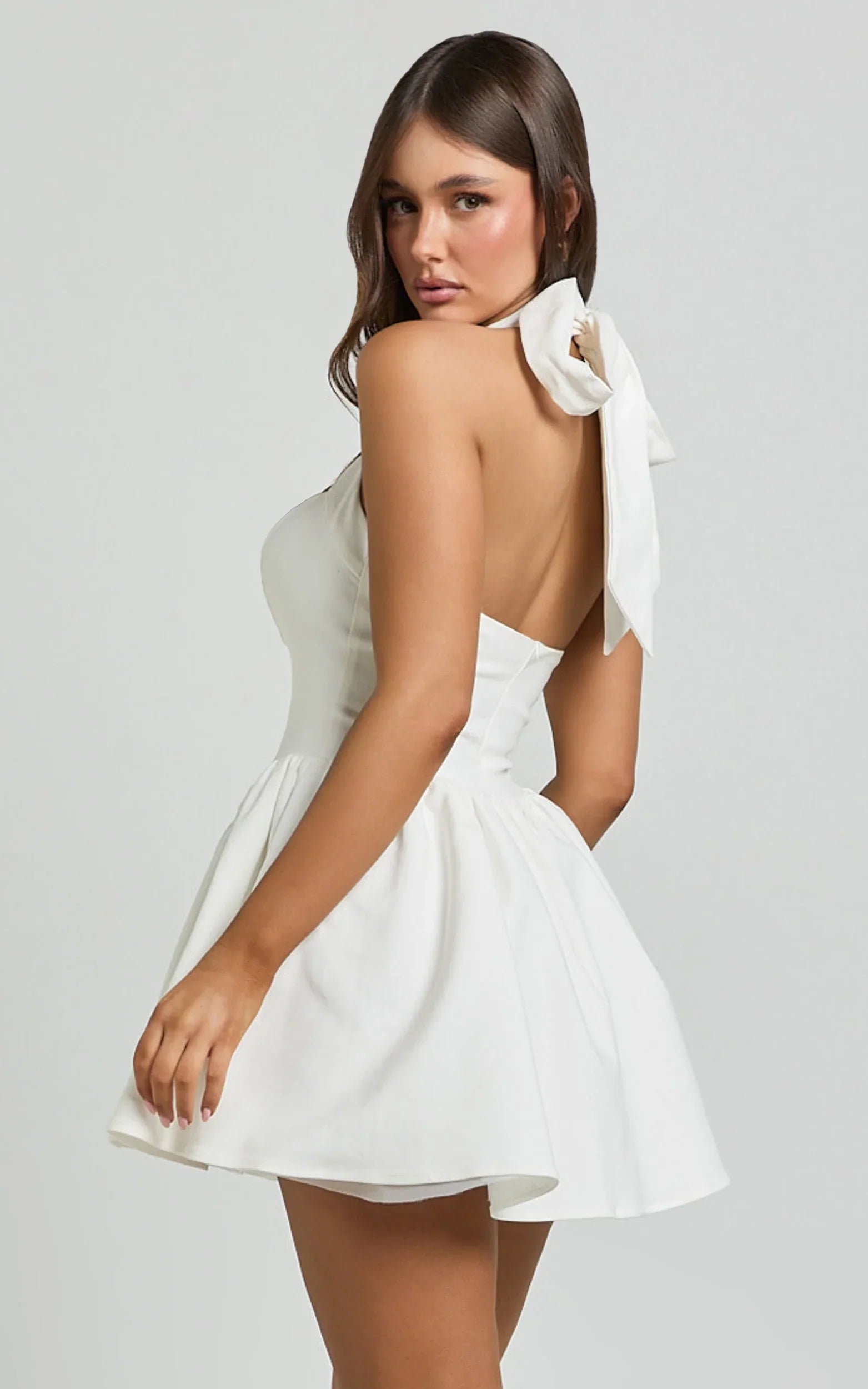 Halter Tie Neck Corset Panel Dress in White