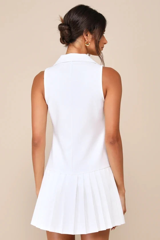 Posh Vision White Sleeveless Blazer Pleated Mini Dress